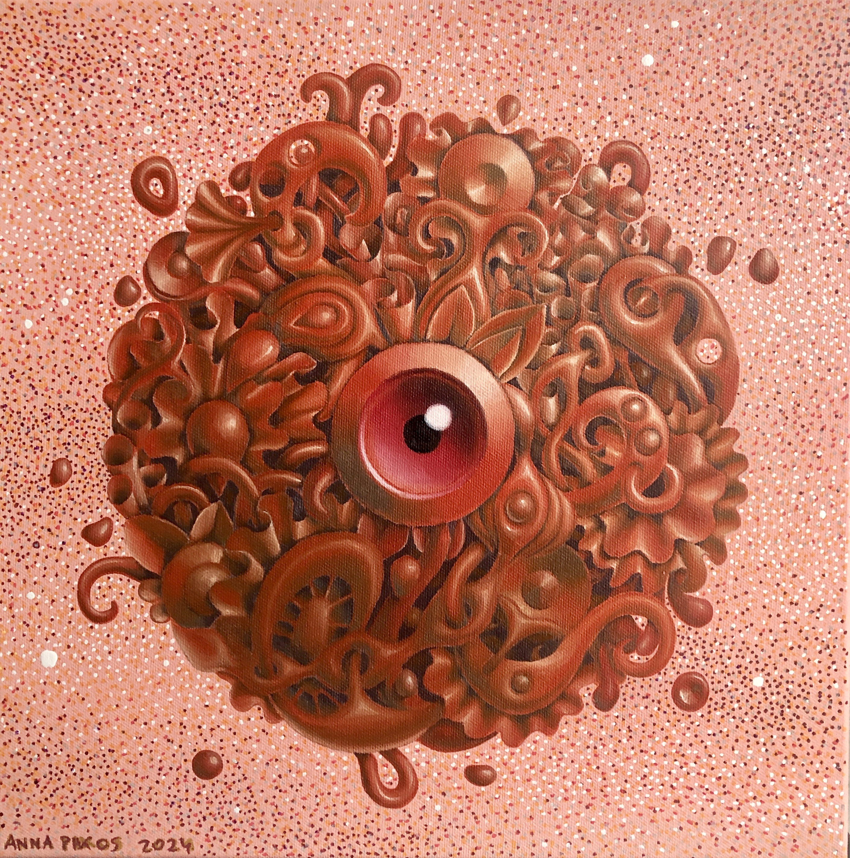 A surreal, playful artwork with swirling pastel layers and sprinkled textures resembling a cosmic dessert, blending galaxy imagery with confection-like patterns.