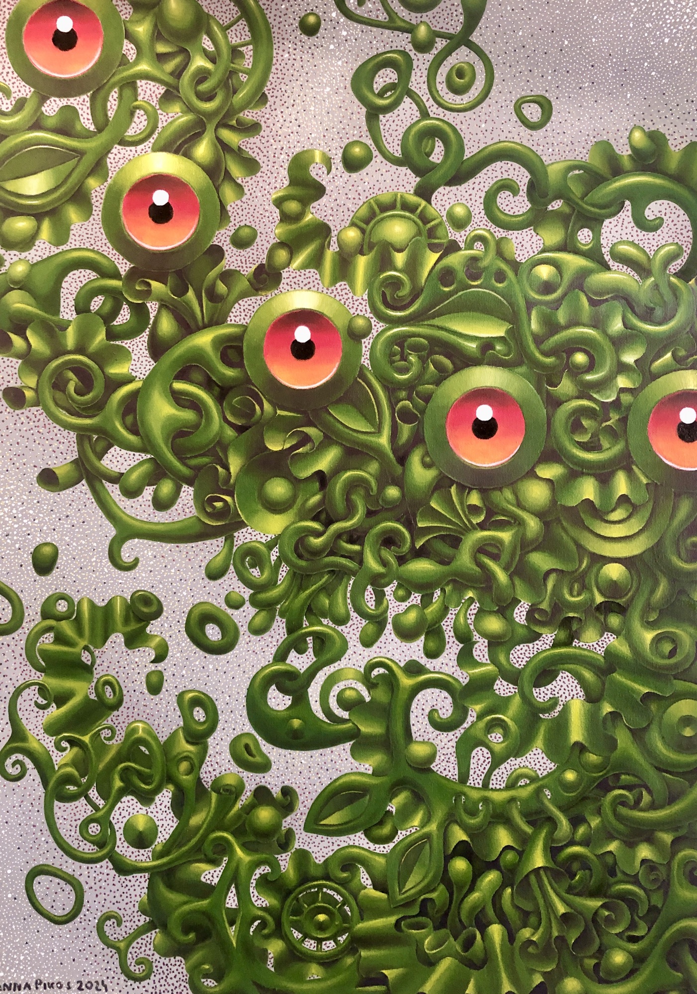 A wild, energetic piece with exploding greens, floral bursts, suggesting nature in chaotic bloom, overflowing its boundaries.