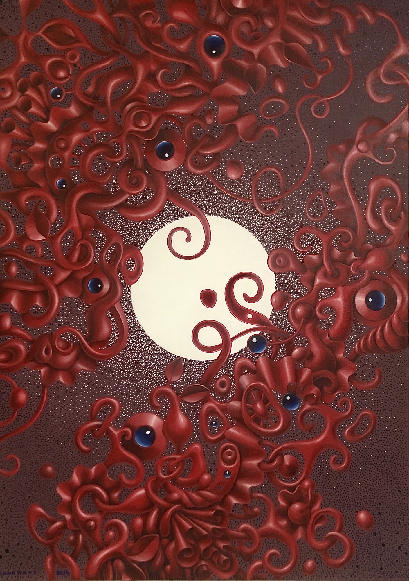 A dark-toned painting lit with bursts of neon colors—blues, purples, and electric reds—scattered across the canvas like nightlife energy or city lights in motion after dark.