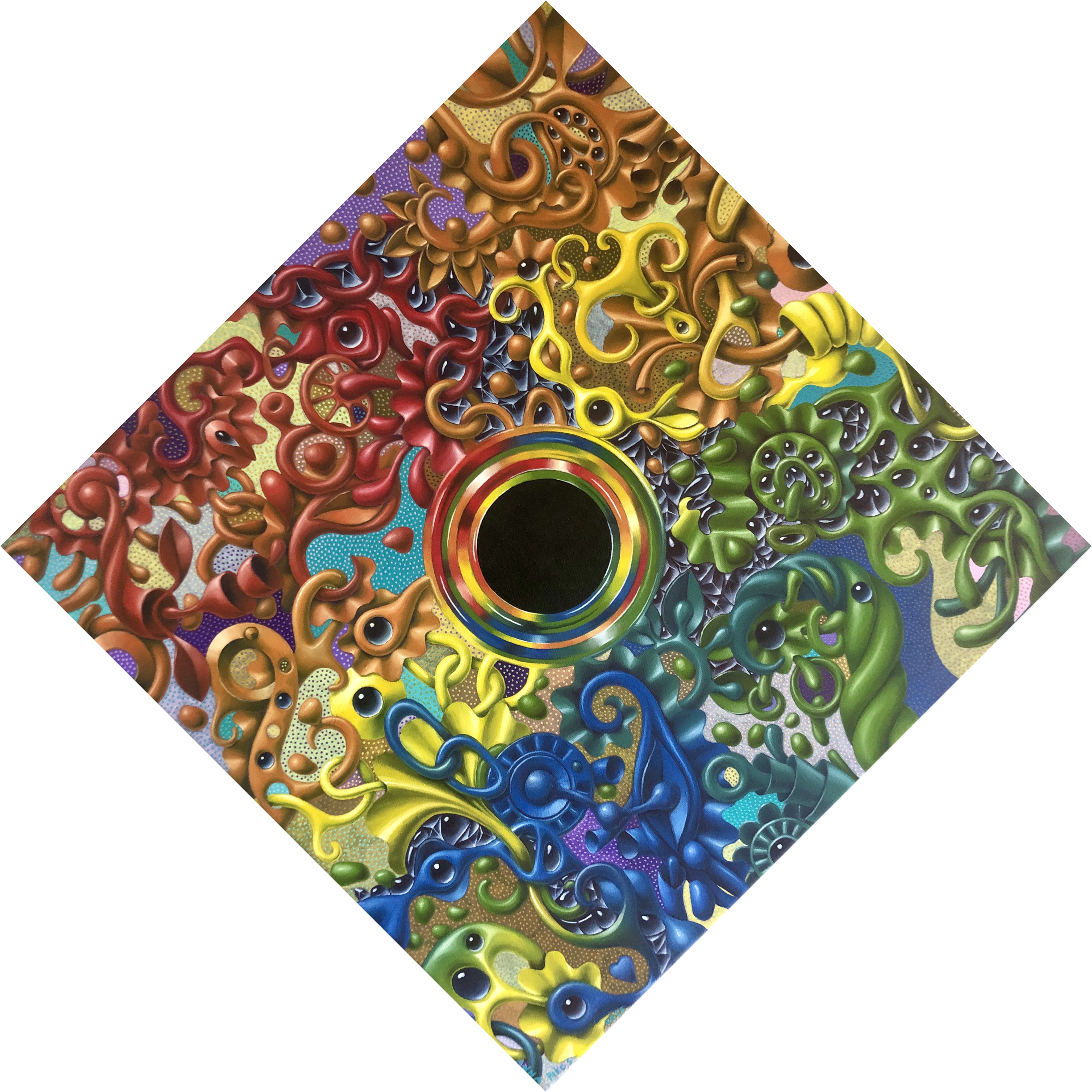 Abstract painting with a dominant black circular form at the center, surrounded by chaotic swirls in all colors of the rainbow, evoking a sense of gravitational pull and mystery.