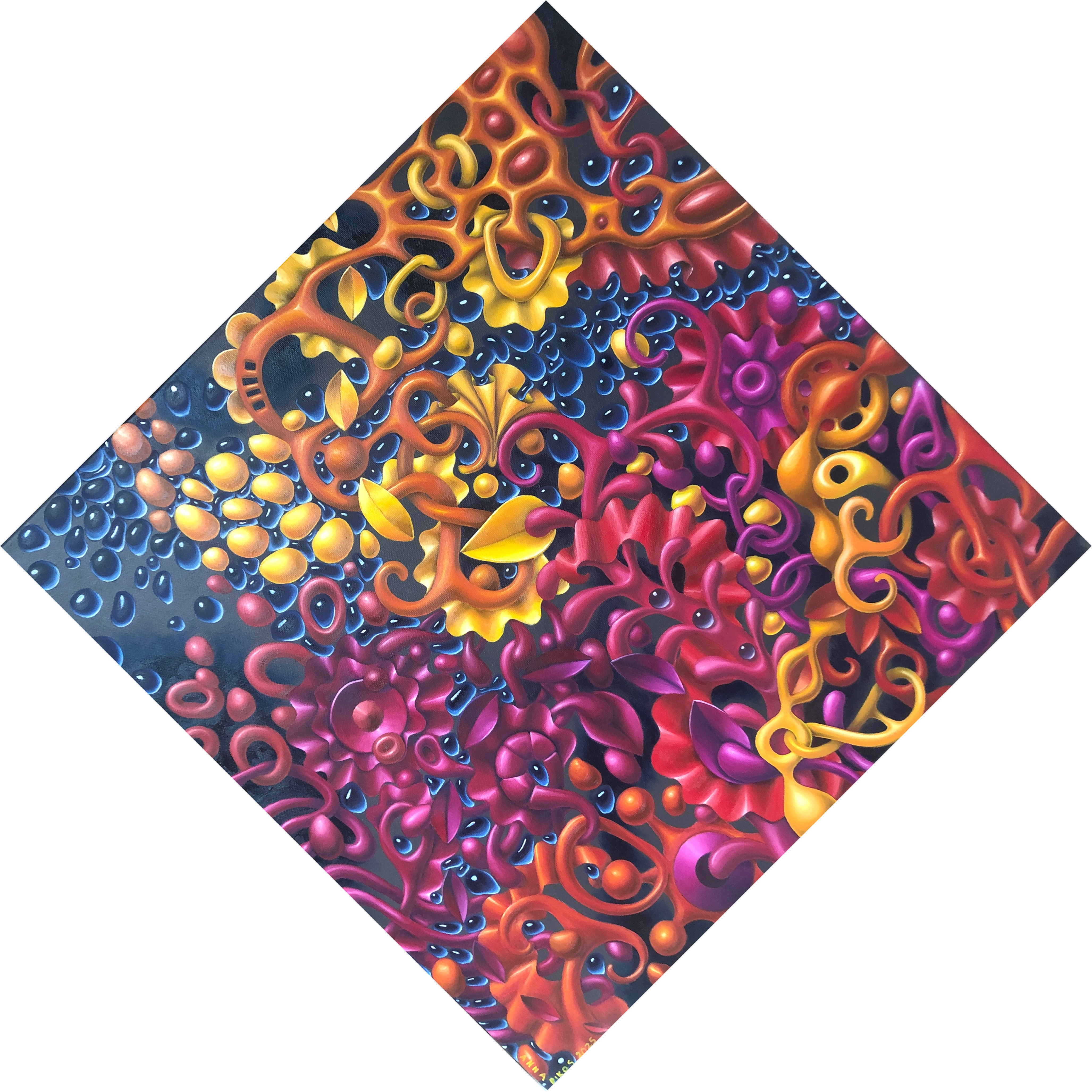 A vibrant abstract filled with clashing warm and cool tones—yellows, pinks, greens, and purple—blended and layered in a way that evokes emotional tension and complexity, like shifting flavors.