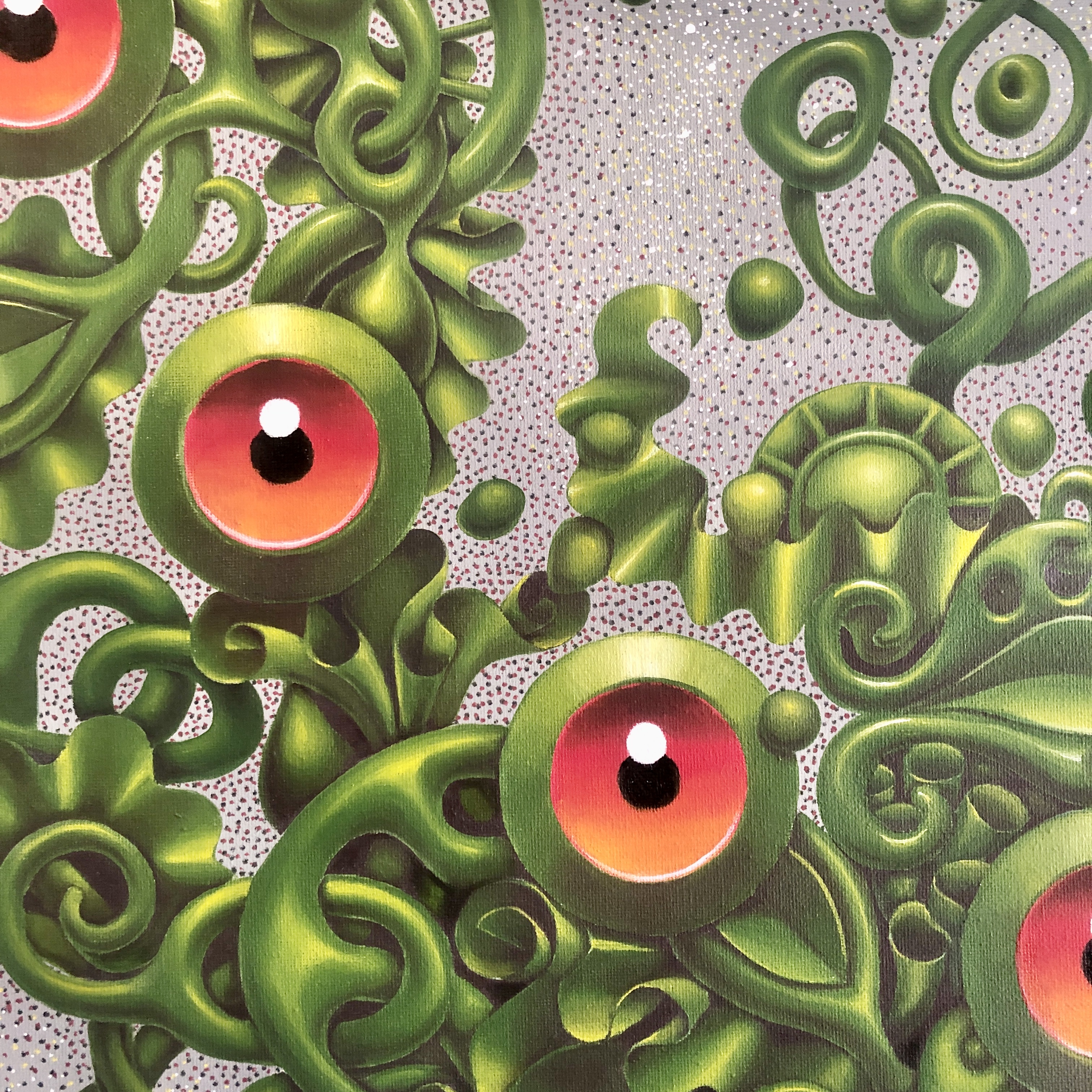 A wild, energetic piece with exploding greens, floral bursts, suggesting nature in chaotic bloom, overflowing its boundaries.