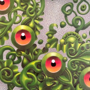 A wild, energetic piece with exploding greens, floral bursts, suggesting nature in chaotic bloom, overflowing its boundaries.