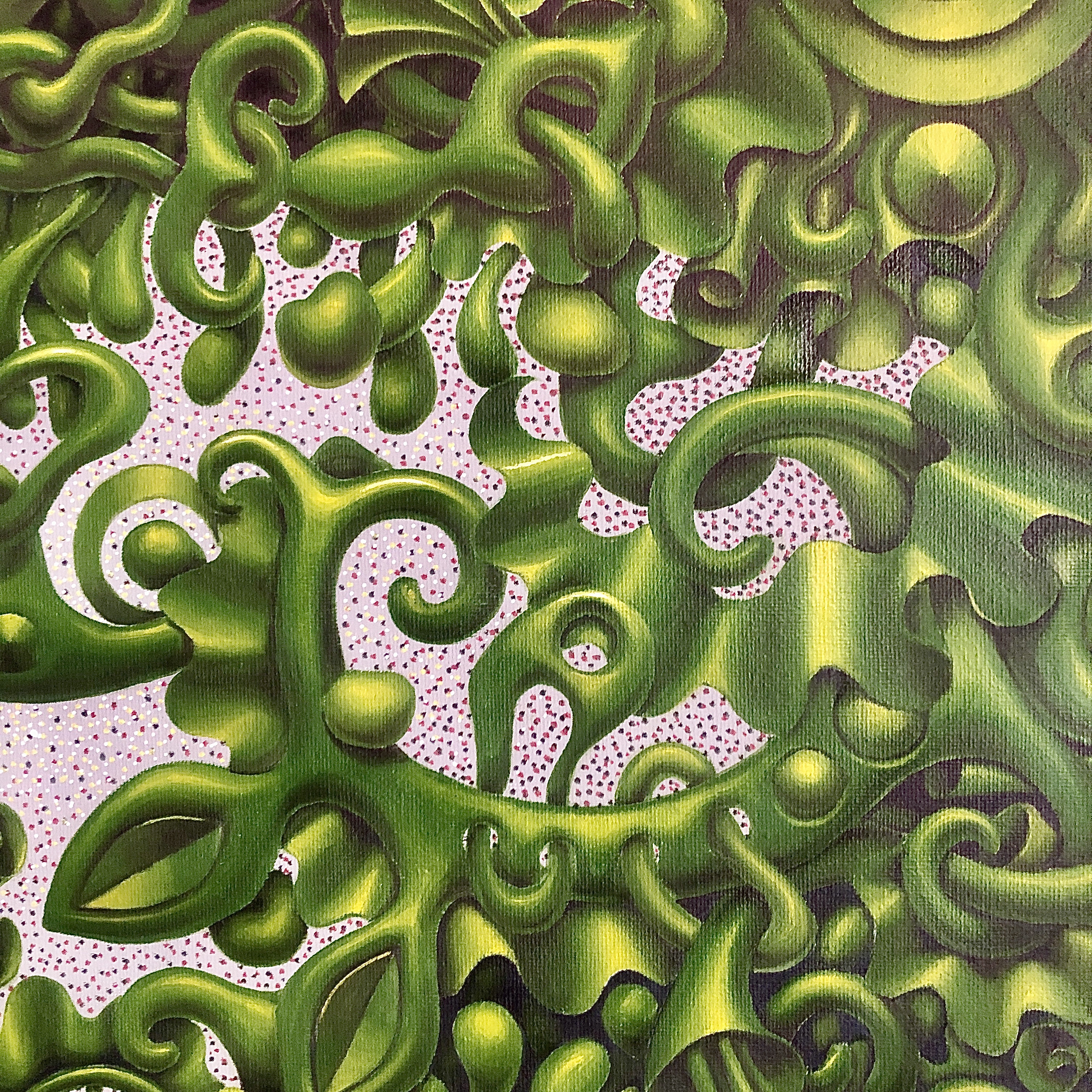 A wild, energetic piece with exploding greens, floral bursts, suggesting nature in chaotic bloom, overflowing its boundaries.