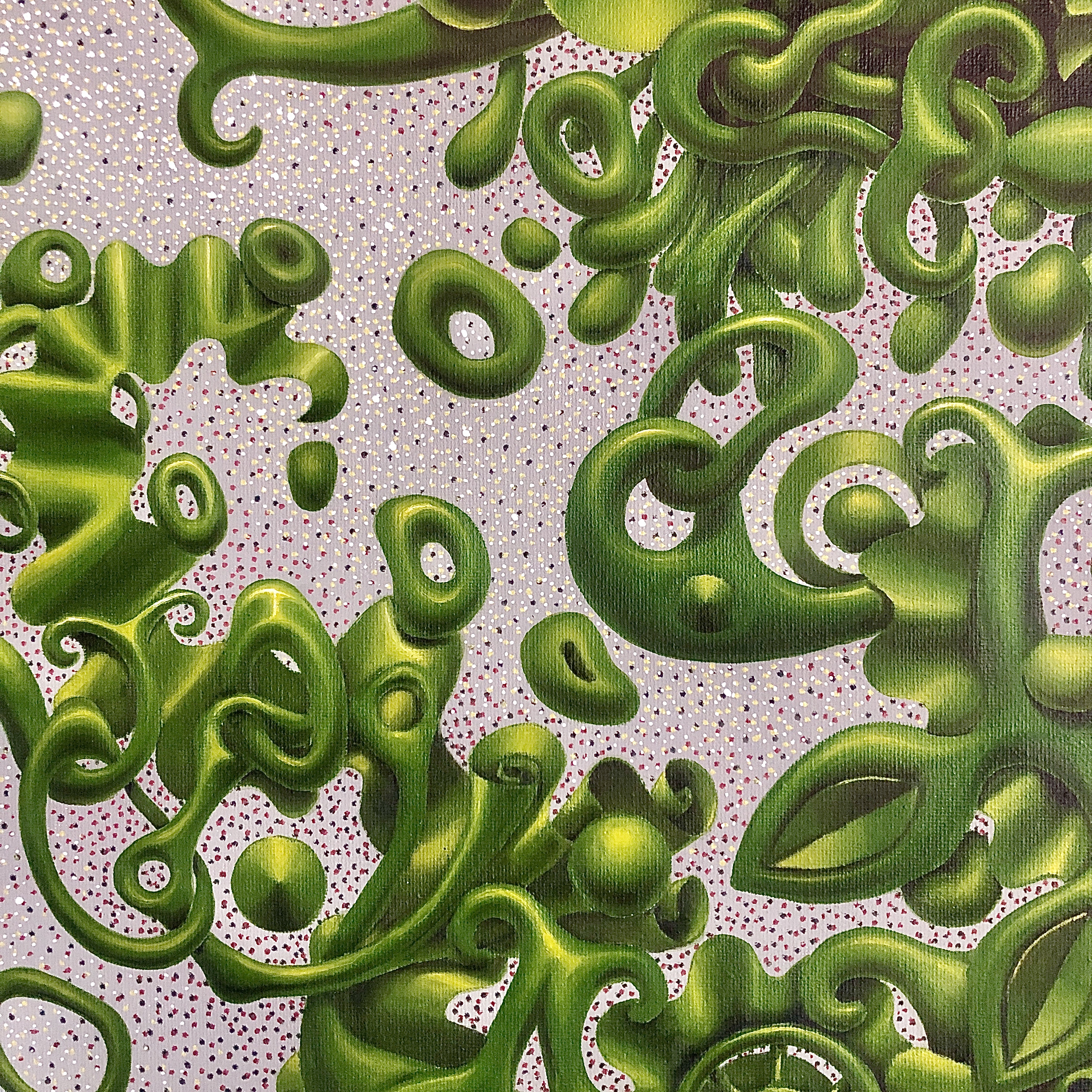 A wild, energetic piece with exploding greens, floral bursts, suggesting nature in chaotic bloom, overflowing its boundaries.