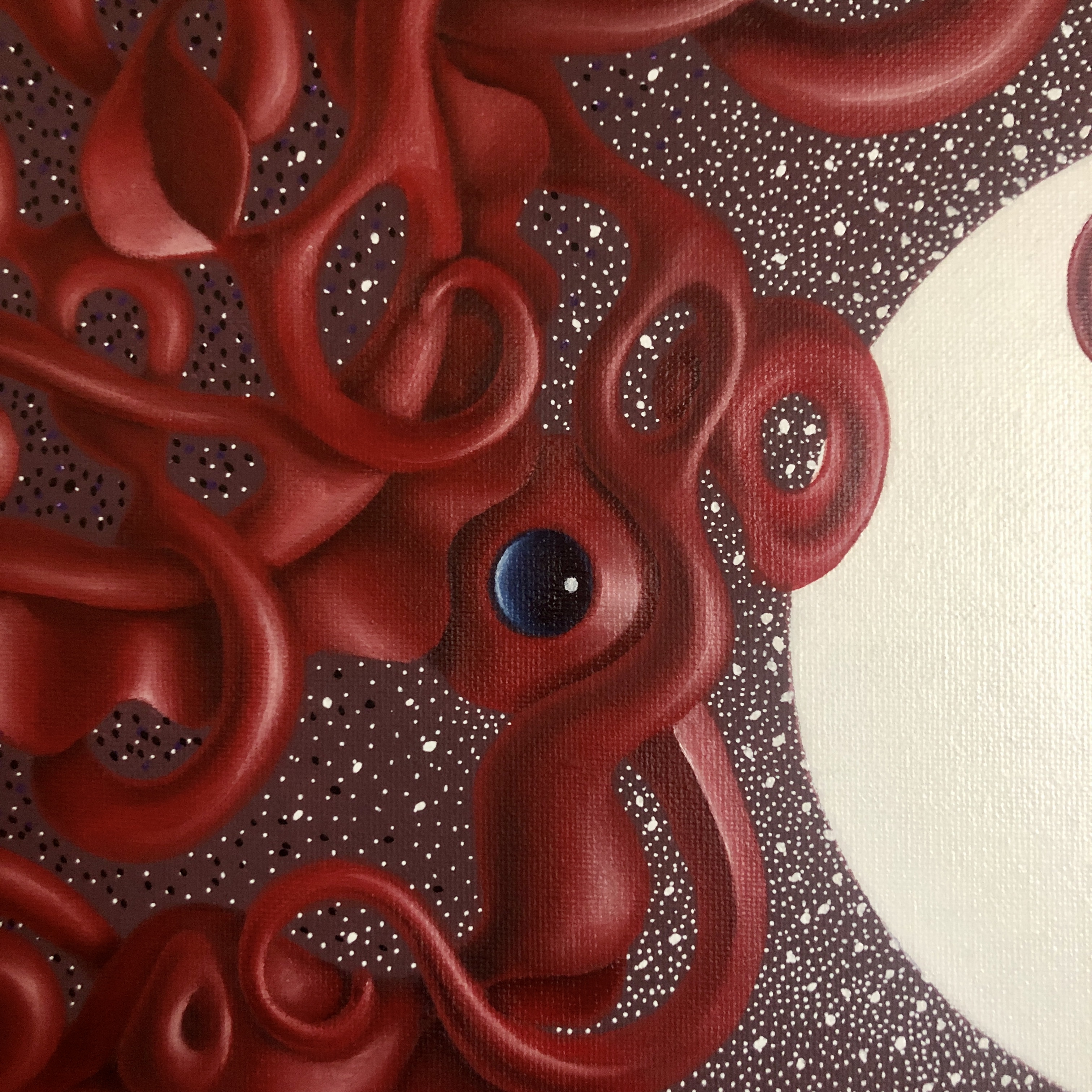 A dark-toned painting lit with bursts of neon colors—blues, purples, and electric reds—scattered across the canvas like nightlife energy or city lights in motion after dark.