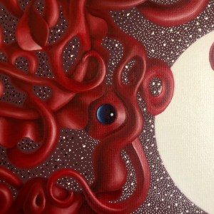 A dark-toned painting lit with bursts of neon colors—blues, purples, and electric reds—scattered across the canvas like nightlife energy or city lights in motion after dark.