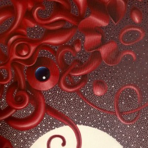 A dark-toned painting lit with bursts of neon colors—blues, purples, and electric reds—scattered across the canvas like nightlife energy or city lights in motion after dark.