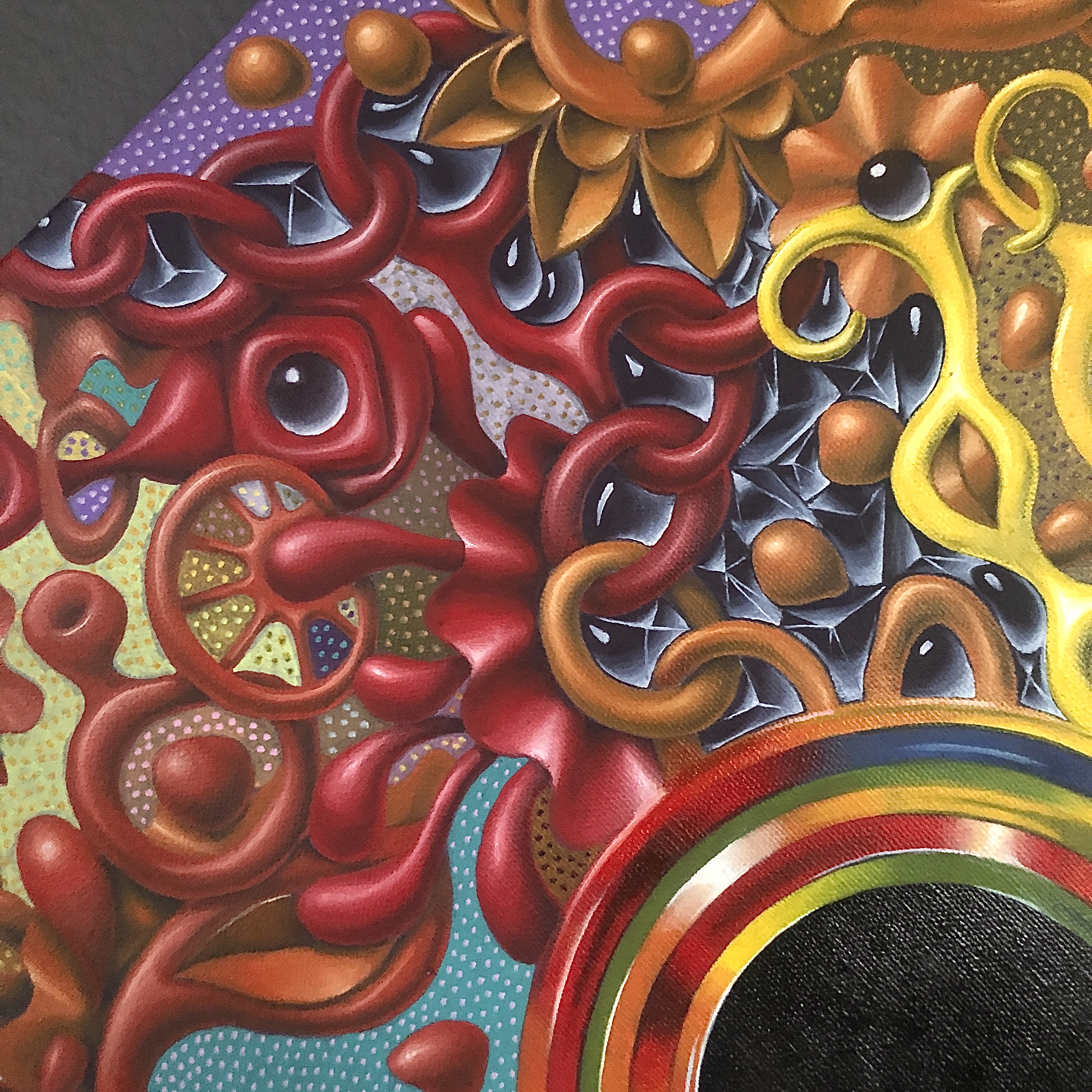 Abstract painting with a dominant black circular form at the center, surrounded by chaotic swirls in all colors of the rainbow, evoking a sense of gravitational pull and mystery.