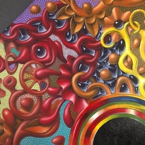 Abstract painting with a dominant black circular form at the center, surrounded by chaotic swirls in all colors of the rainbow, evoking a sense of gravitational pull and mystery.