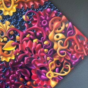 A vibrant abstract filled with clashing warm and cool tones—yellows, pinks, greens, and purple—blended and layered in a way that evokes emotional tension and complexity, like shifting flavors.