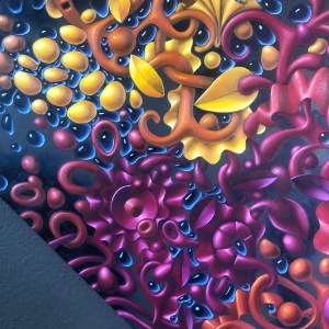 A vibrant abstract filled with clashing warm and cool tones—yellows, pinks, greens, and purple—blended and layered in a way that evokes emotional tension and complexity, like shifting flavors.