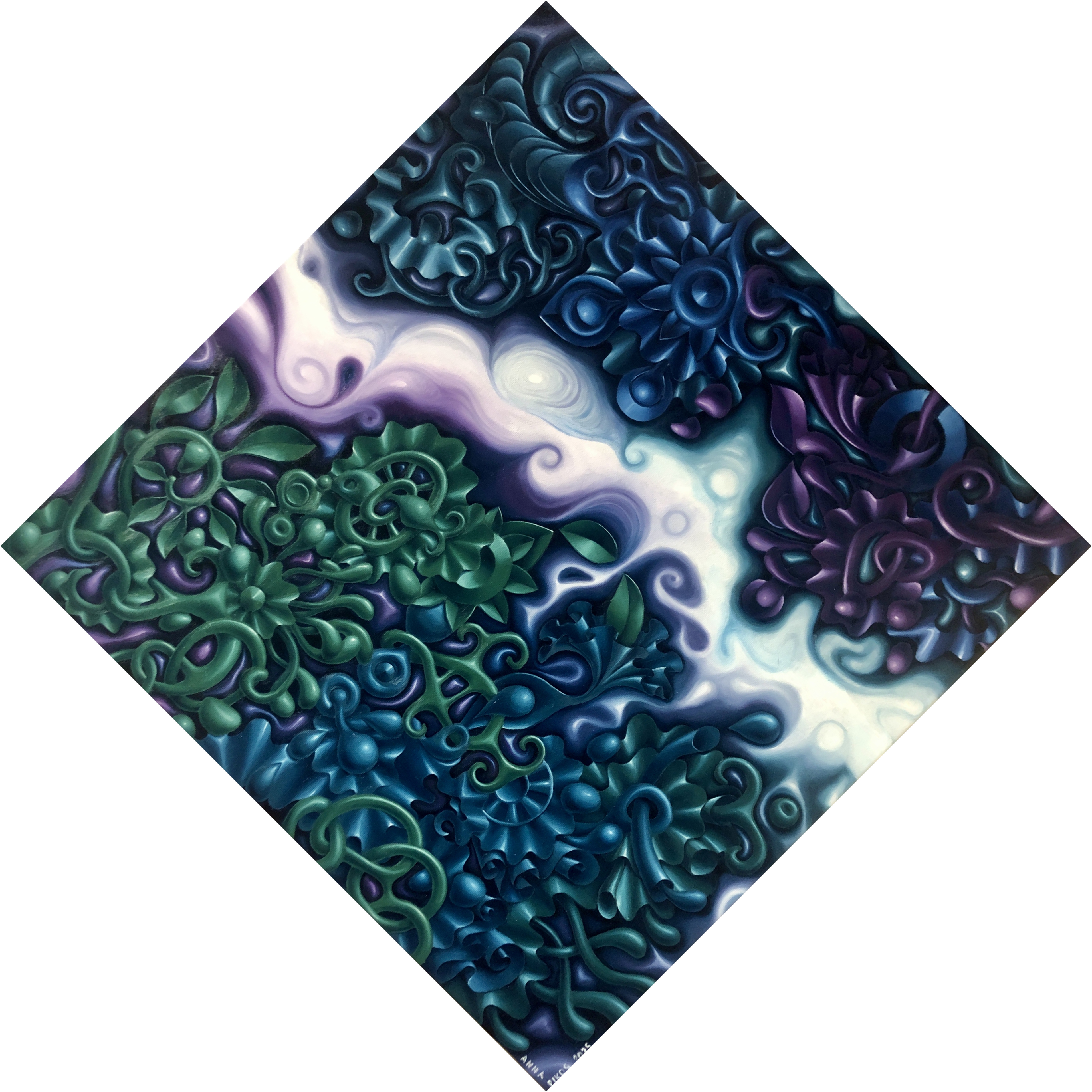 A fluid, flowing composition featuring a bright white, ribbon-like path meandering through a muted landscape of purples and blues, suggesting motion, purity, and contrast.