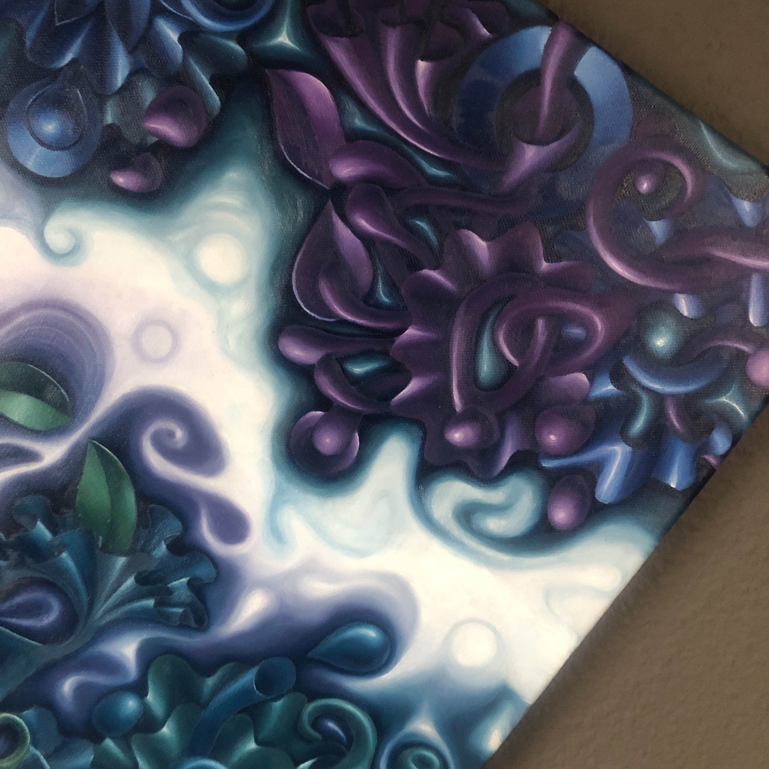 A fluid, flowing composition featuring a bright white, ribbon-like path meandering through a muted landscape of purples and blues, suggesting motion, purity, and contrast.