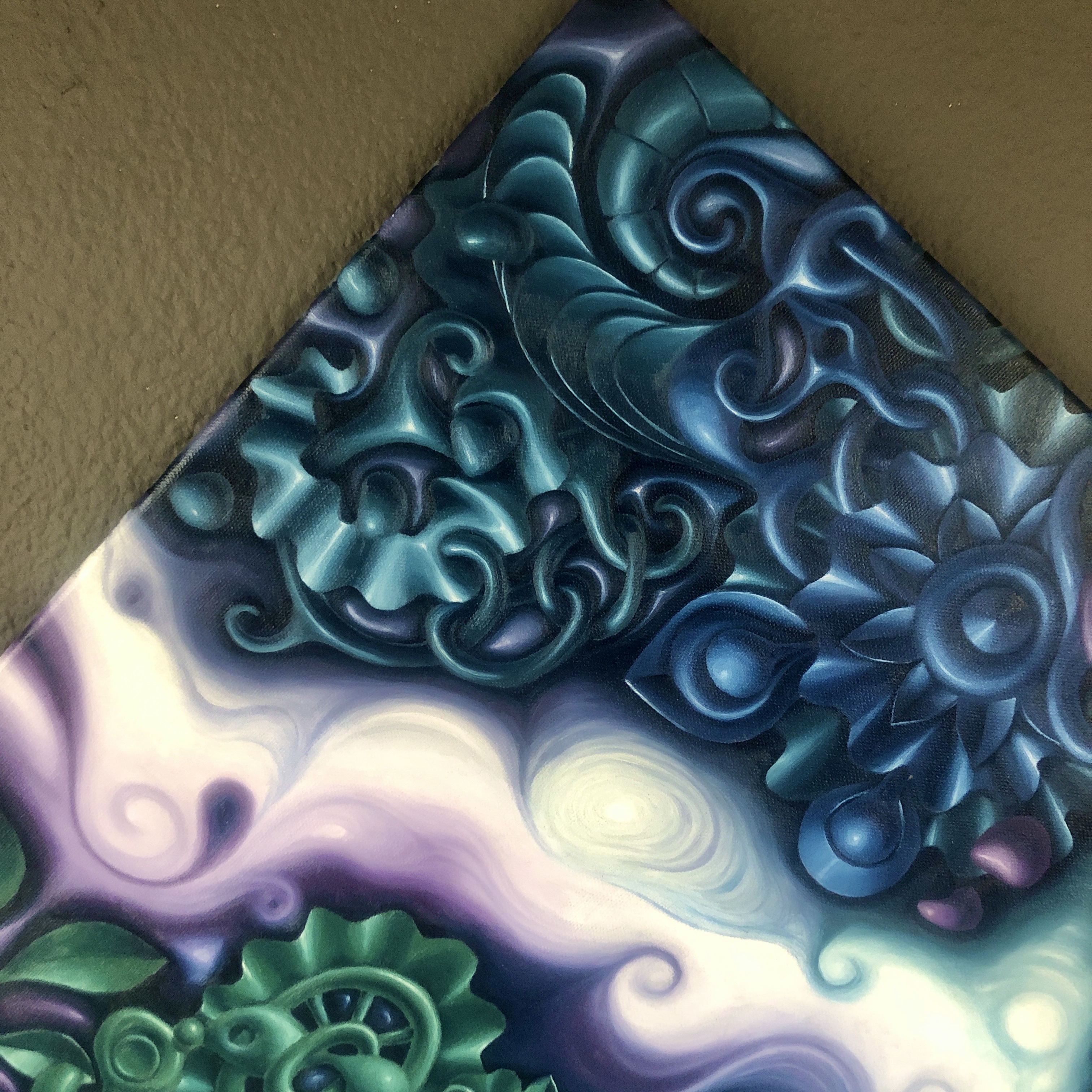 A fluid, flowing composition featuring a bright white, ribbon-like path meandering through a muted landscape of purples and blues, suggesting motion, purity, and contrast.