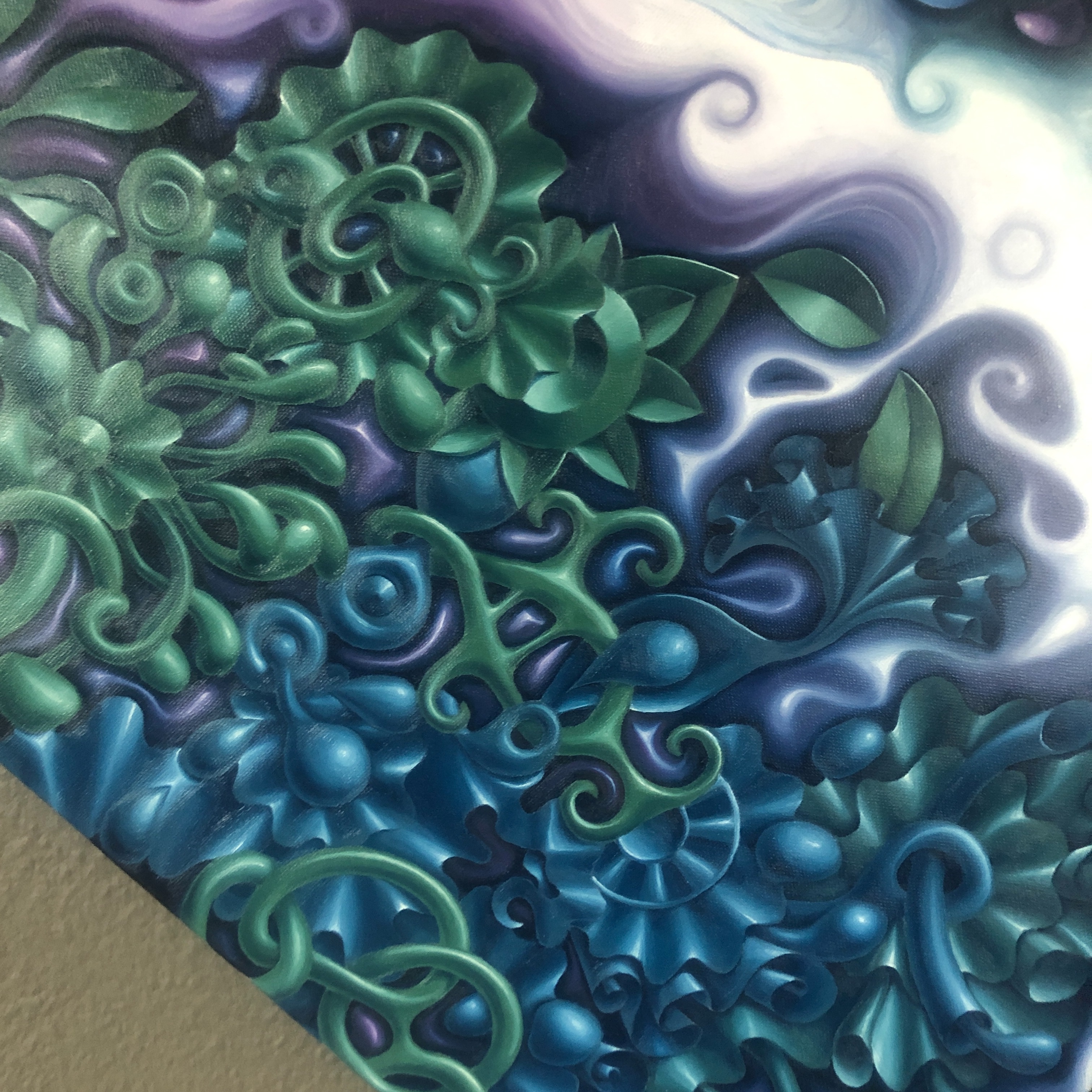 A fluid, flowing composition featuring a bright white, ribbon-like path meandering through a muted landscape of purples and blues, suggesting motion, purity, and contrast.