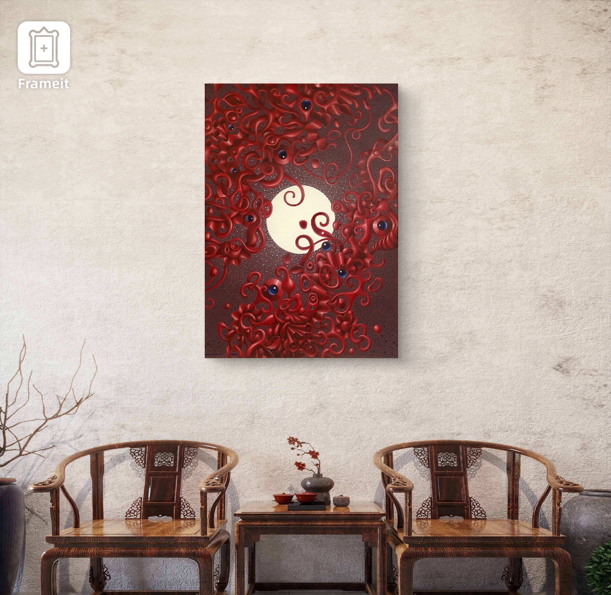 A dark-toned painting lit with bursts of neon colors—blues, purples, and electric reds—scattered across the canvas like nightlife energy or city lights in motion after dark.