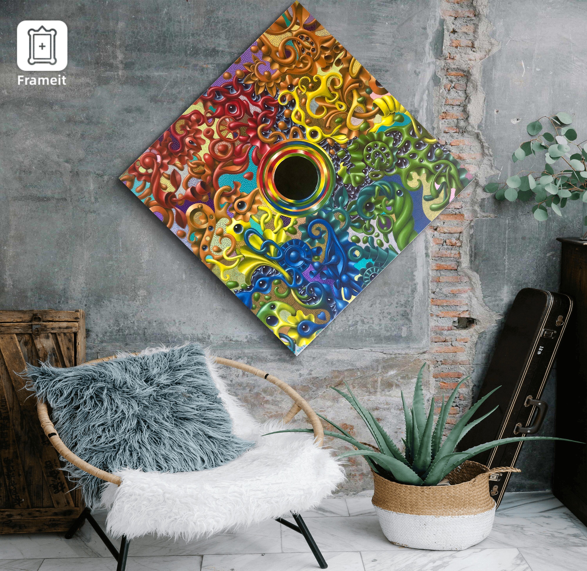 Abstract painting with a dominant black circular form at the center, surrounded by chaotic swirls in all colors of the rainbow, evoking a sense of gravitational pull and mystery.