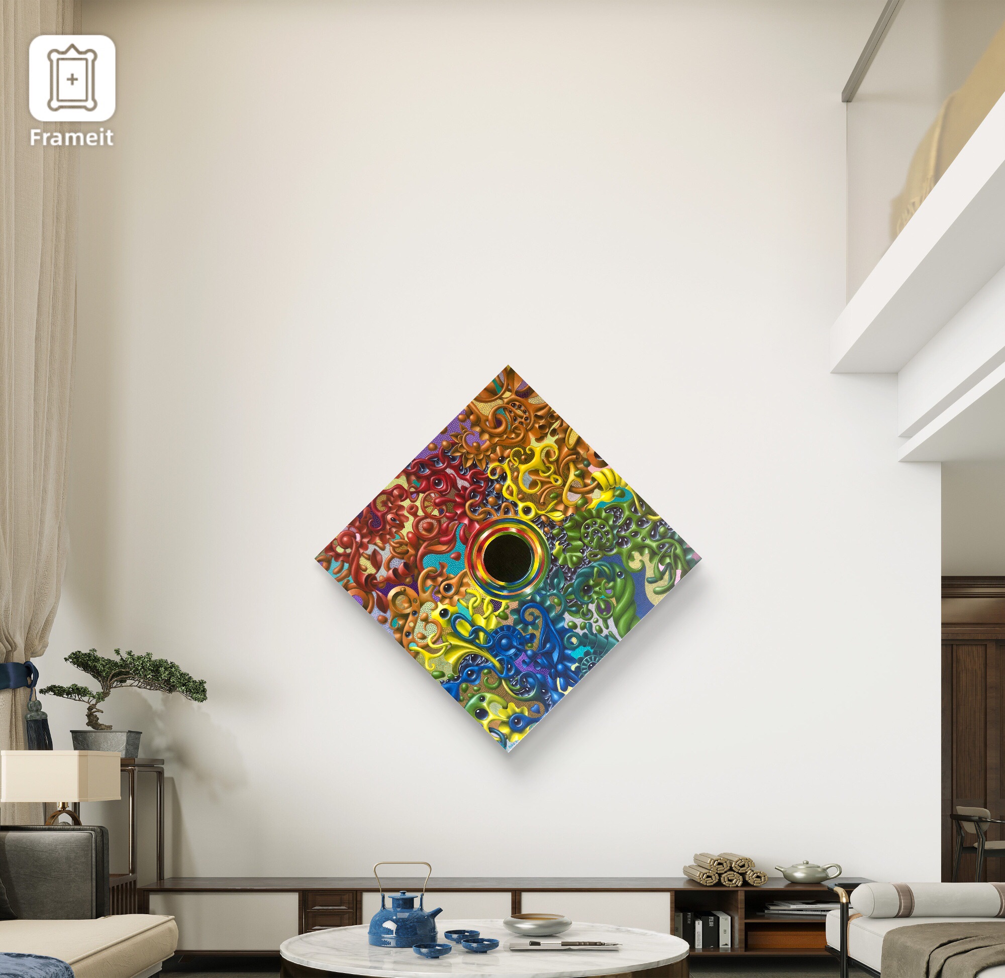 Abstract painting with a dominant black circular form at the center, surrounded by chaotic swirls in all colors of the rainbow, evoking a sense of gravitational pull and mystery.