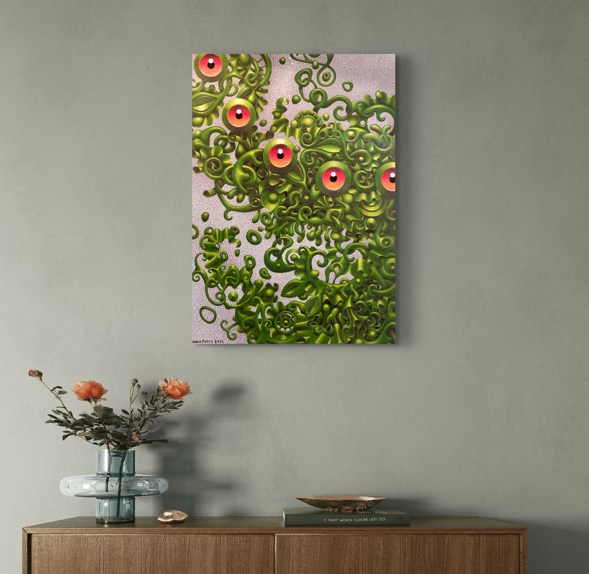 A wild, energetic piece with exploding greens, floral bursts, suggesting nature in chaotic bloom, overflowing its boundaries.